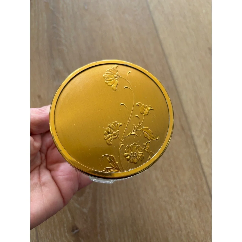 Vintage Glass Trinket Dish Gold Floral Lid Ribbed Vanity Jar Hollywood Regency